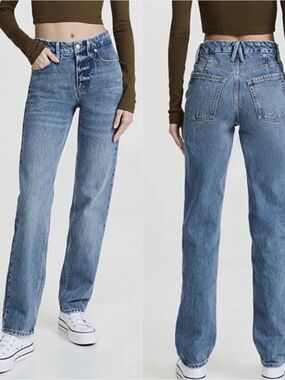 Good American Good Icon Straight Jeans Medium Wash Distressed Raw Hem